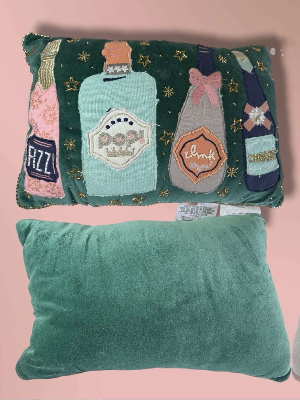 NWT Cynthia Rowley Green Velvet Champagne Bottle Appliqué Pillow 12x18”